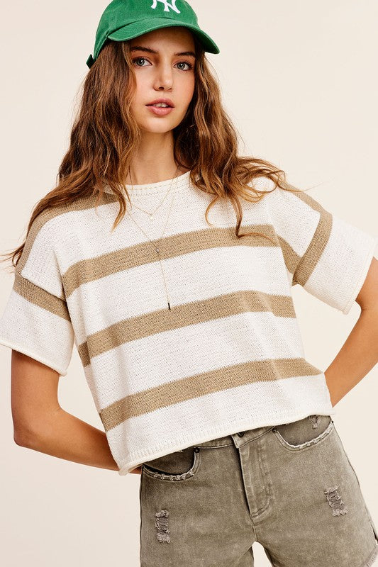 Lightweight Striped Sweater Short Sleeve Top - RARA Boutique 