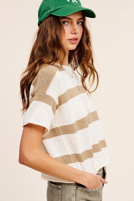 Lightweight Striped Sweater Short Sleeve Top - RARA Boutique 