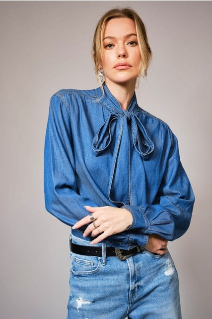 Tie Neck Chambray Denim Button Up Blouse - Blue B - RARA Boutique 
