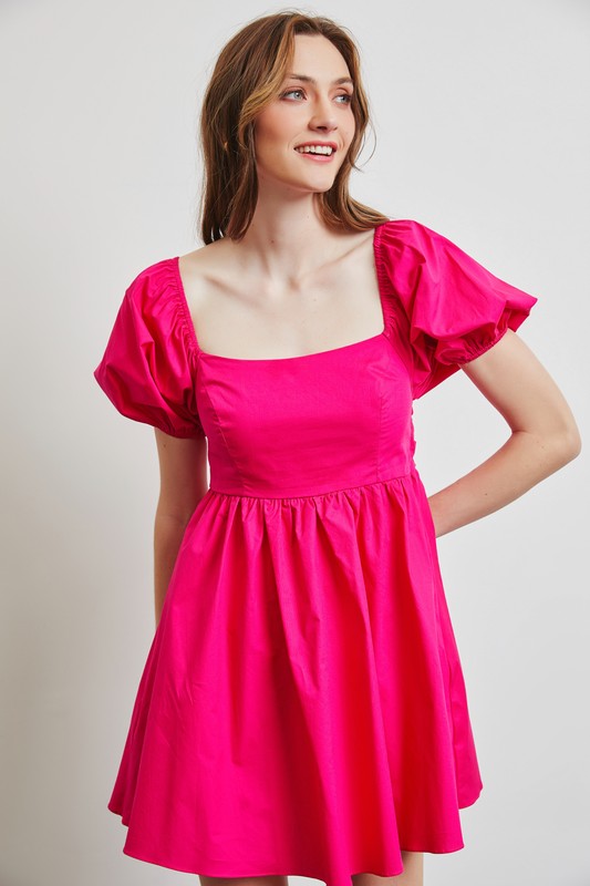 Puff Sleeve BabyDoll Dress with Bow Back and Pockets - RARA Boutique 