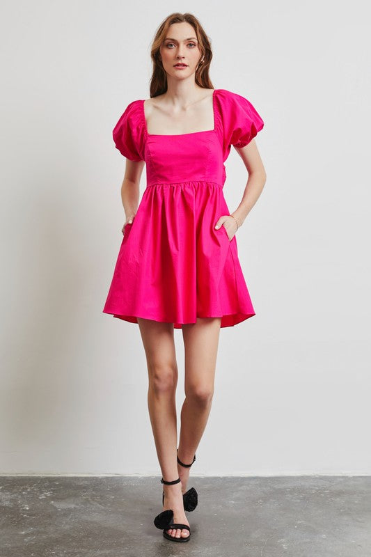 Puff Sleeve BabyDoll Dress with Bow Back and Pockets - RARA Boutique 