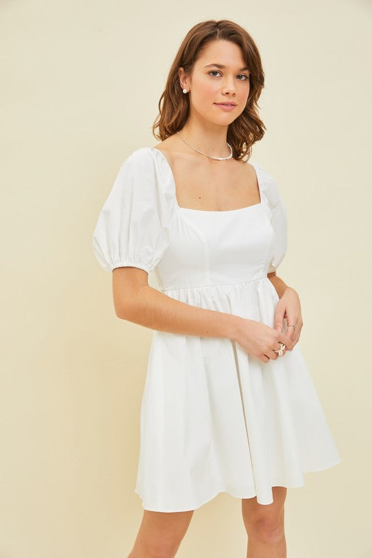 Puff Sleeve BabyDoll Dress with Bow Back and Pockets - RARA Boutique 