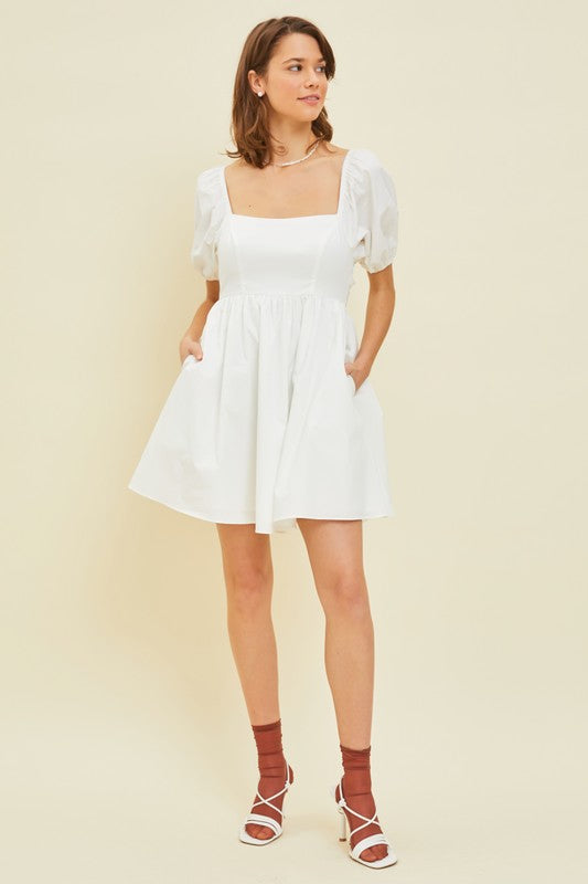 Puff Sleeve BabyDoll Dress with Bow Back and Pockets - RARA Boutique 