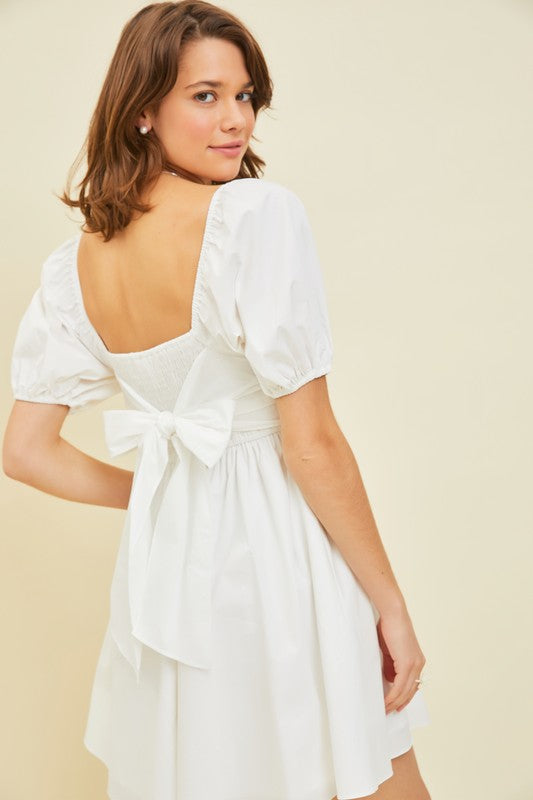 Puff Sleeve BabyDoll Dress with Bow Back and Pockets - RARA Boutique 