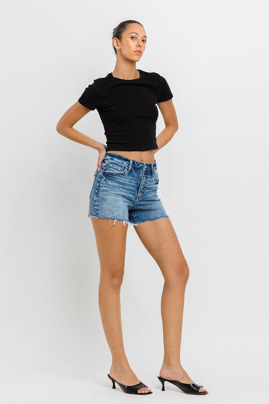 High Rise Raw Hem Denim Shorts - VERVET by Flying Monkey - RARA Boutique 