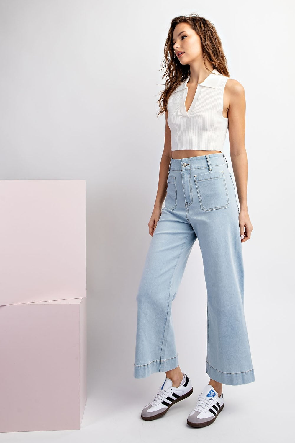 Denim Soft Wash Wide Leg Pants with Patch Pockets - eesome - RARA Boutique 