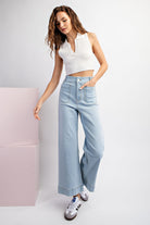 Denim Soft Wash Wide Leg Pants with Patch Pockets - eesome - RARA Boutique 