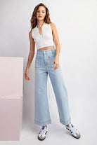 Denim Soft Wash Wide Leg Pants with Patch Pockets - eesome - RARA Boutique 