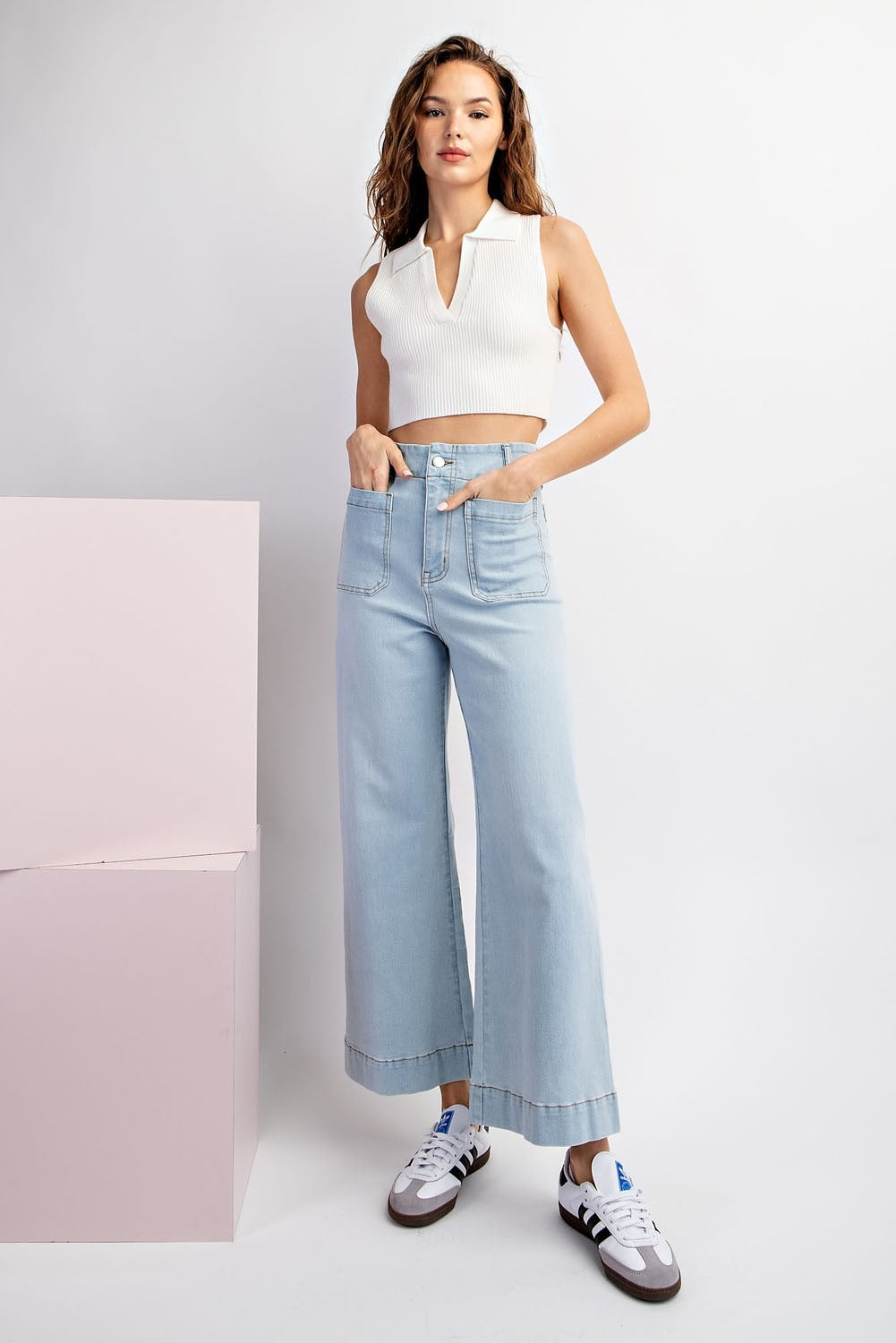 Denim Soft Wash Wide Leg Pants with Patch Pockets - eesome - RARA Boutique 