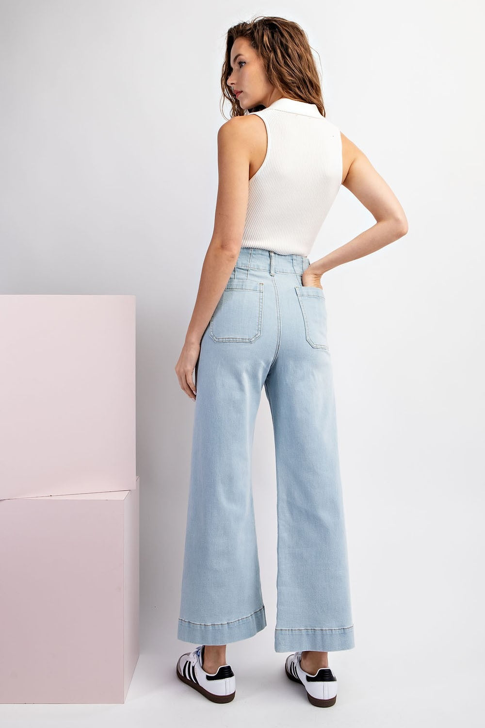 Denim Soft Wash Wide Leg Pants with Patch Pockets - eesome - RARA Boutique 