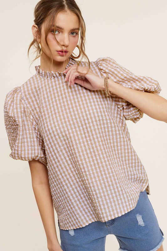 Gingham Check Print Puff Sleeve Top - RARA Boutique 