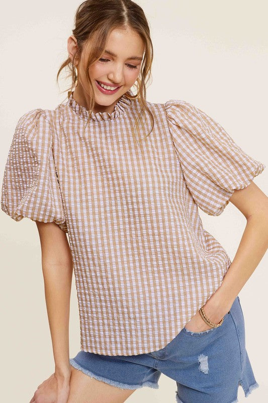 Gingham Check Print Puff Sleeve Top - RARA Boutique 