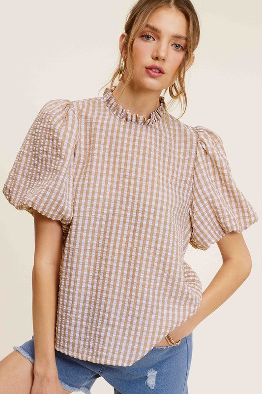 Gingham Check Print Puff Sleeve Top - RARA Boutique 