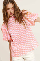 Gingham Check Print Puff Sleeve Top - RARA Boutique 