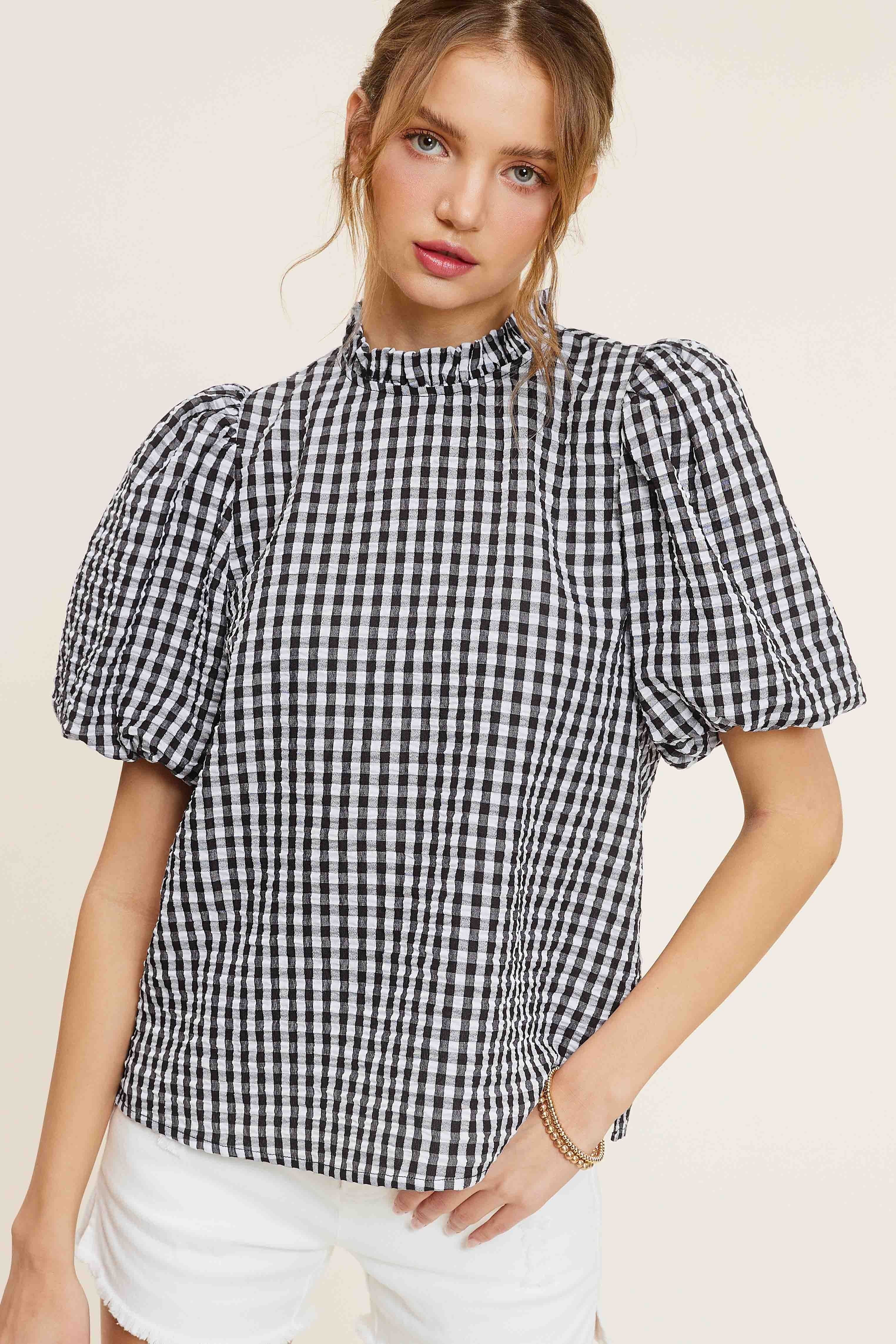 Gingham Check Print Puff Sleeve Top - RARA Boutique 