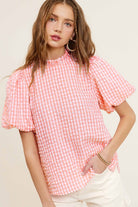 Gingham Check Print Puff Sleeve Top - RARA Boutique 