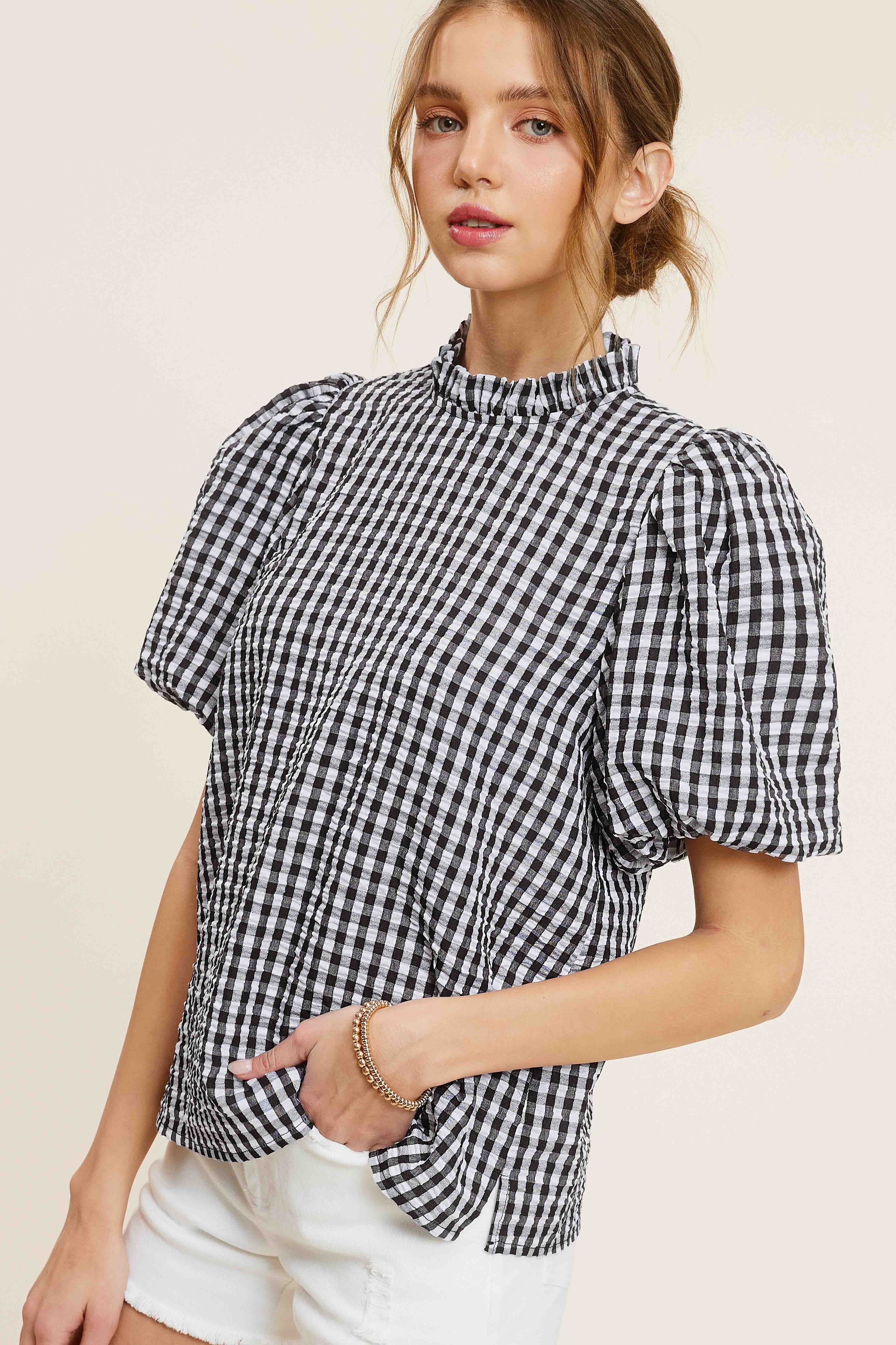 Gingham Check Print Puff Sleeve Top - RARA Boutique 