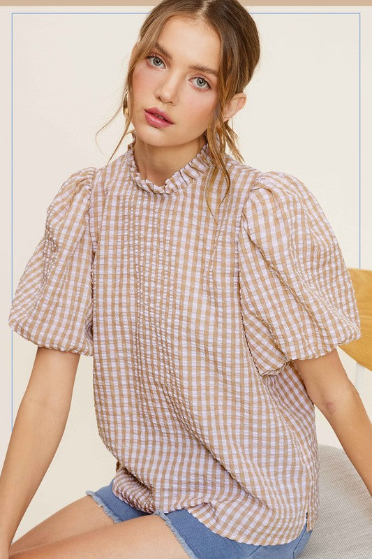 Gingham Check Print Puff Sleeve Top - RARA Boutique 