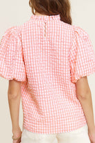 Gingham Check Print Puff Sleeve Top - RARA Boutique 