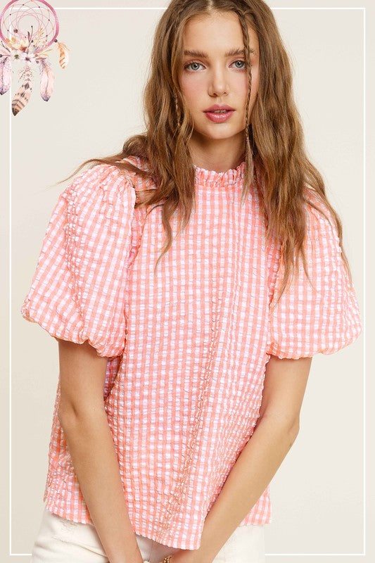 Gingham Check Print Puff Sleeve Top - RARA Boutique 