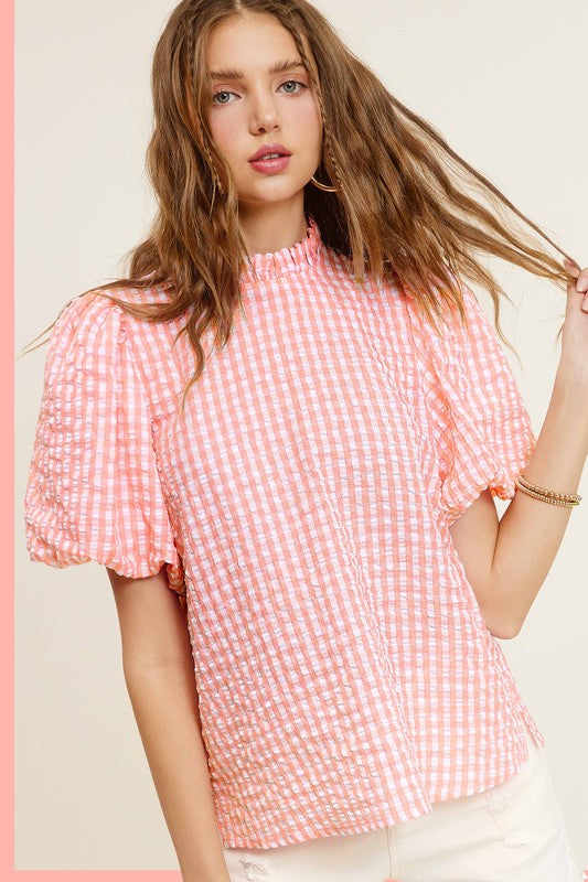 Gingham Check Print Puff Sleeve Top - RARA Boutique 