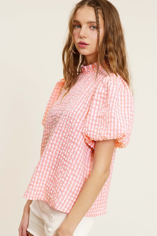 Gingham Check Print Puff Sleeve Top - RARA Boutique 