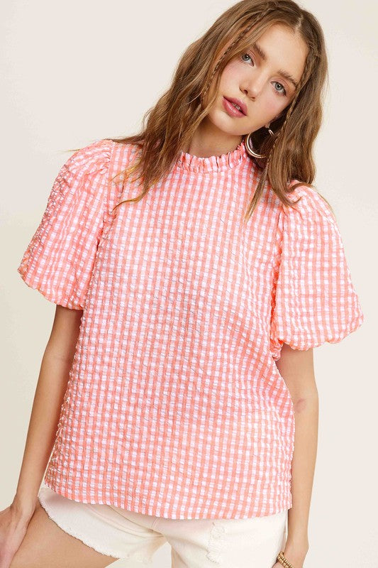 Gingham Check Print Puff Sleeve Top - RARA Boutique 