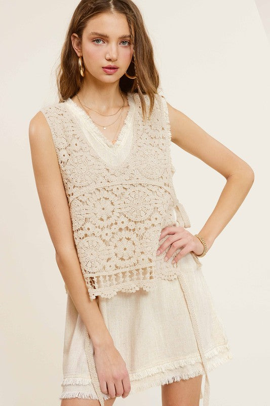 Self Side Tie Detailed Crochet Vest Top - RARA Boutique 