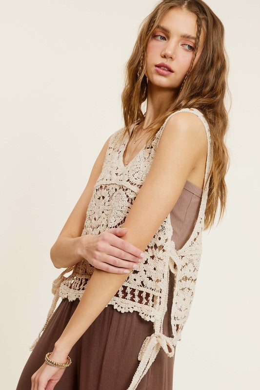 Self Side Tie Detailed Crochet Vest Top - RARA Boutique 