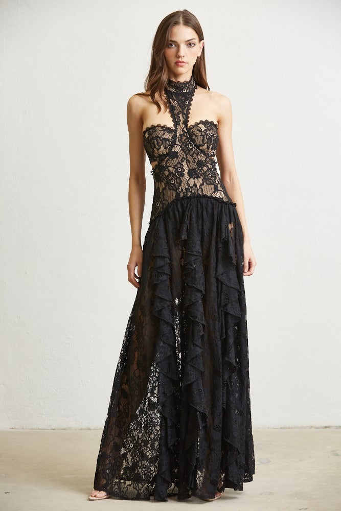 Lace Ruffle Drop Waist Maxi Dress with Cutouts