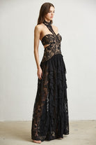 Lace Ruffle Drop Waist Maxi Dress with Cutouts - BLITHE - RARA Boutique 