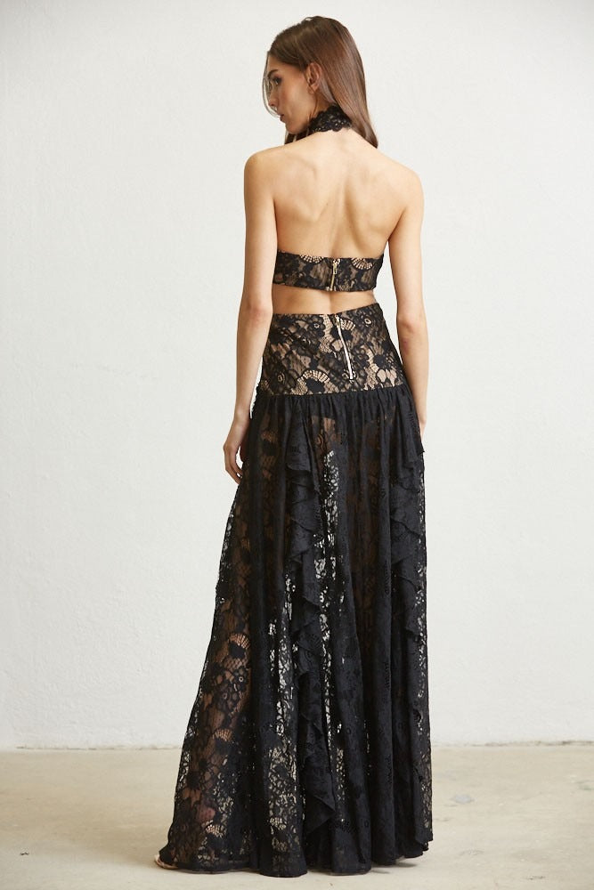 Lace Ruffle Drop Waist Maxi Dress with Cutouts - BLITHE - RARA Boutique 