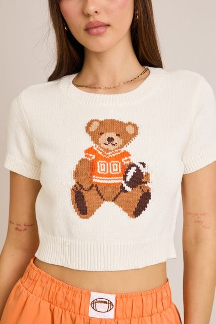 Short Sleeve Football Teddy Bear Sweater Crop Top - Le Lis - RARA Boutique 