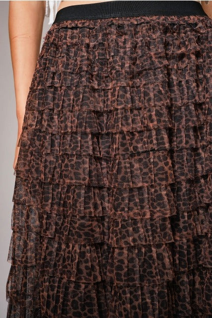 Leopard Print Tiered Ruffle Tulle Maxi Skirt - Blue B - RARA Boutique 