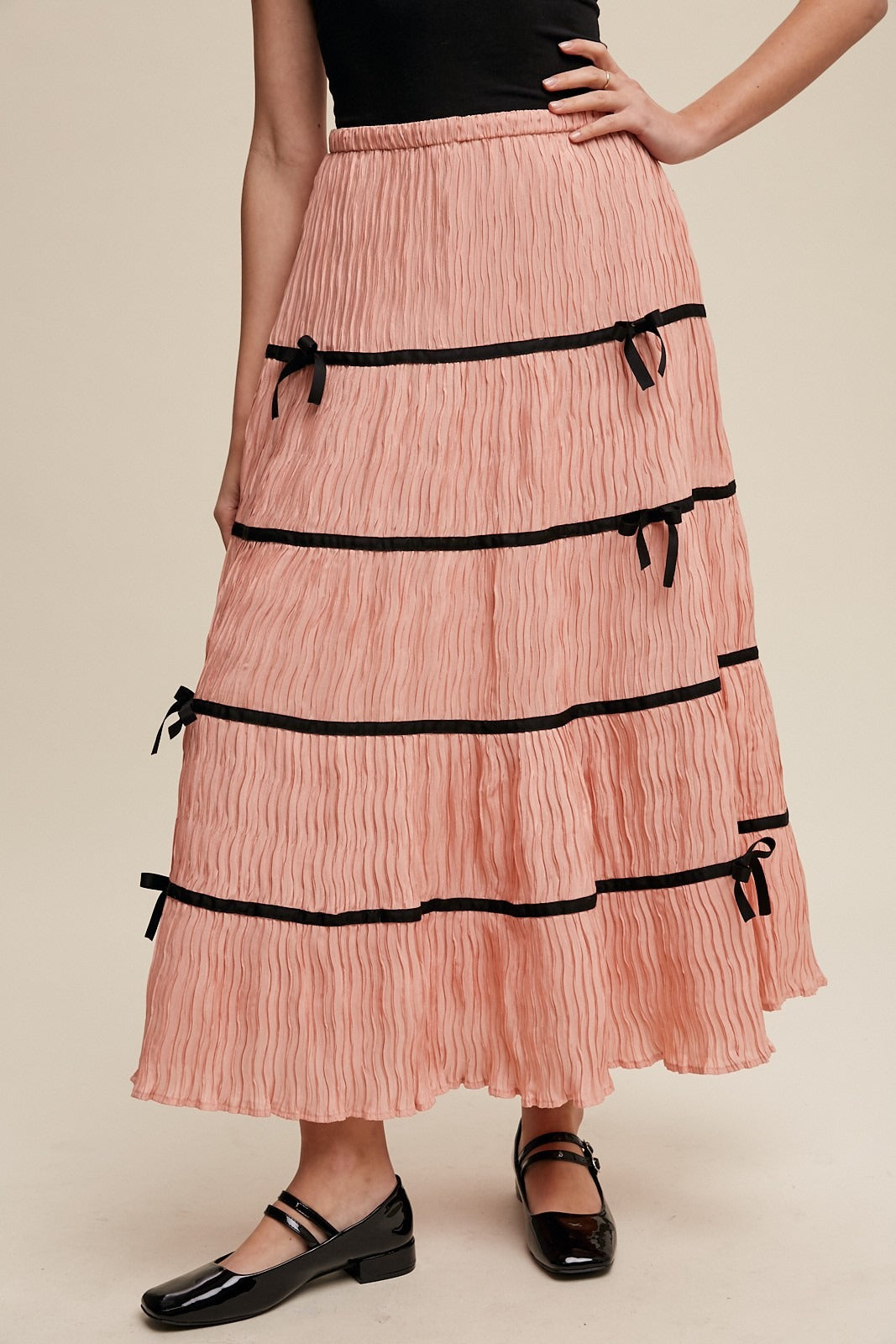 Plisse Bow Contrast Trim Maxi Skirt - Listicle - RARA Boutique 