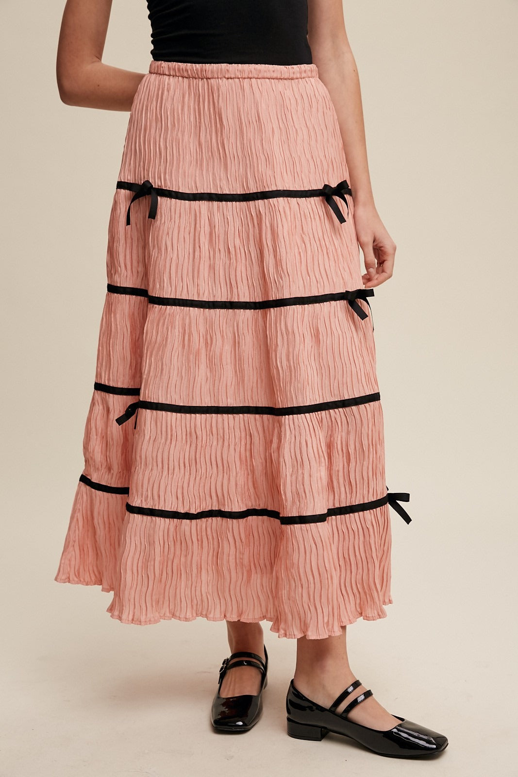 Plisse Bow Contrast Trim Maxi Skirt - Listicle - RARA Boutique 