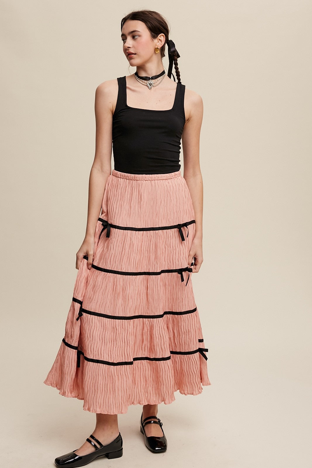 Plisse Bow Contrast Trim Maxi Skirt - Listicle - RARA Boutique 