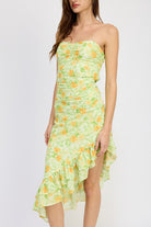 Asymmetric Floral  Midi Dress with Ruffle Detail - RARA Boutique 