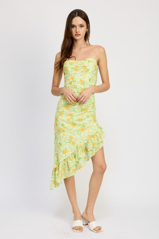 Asymmetric Floral  Midi Dress with Ruffle Detail - RARA Boutique 