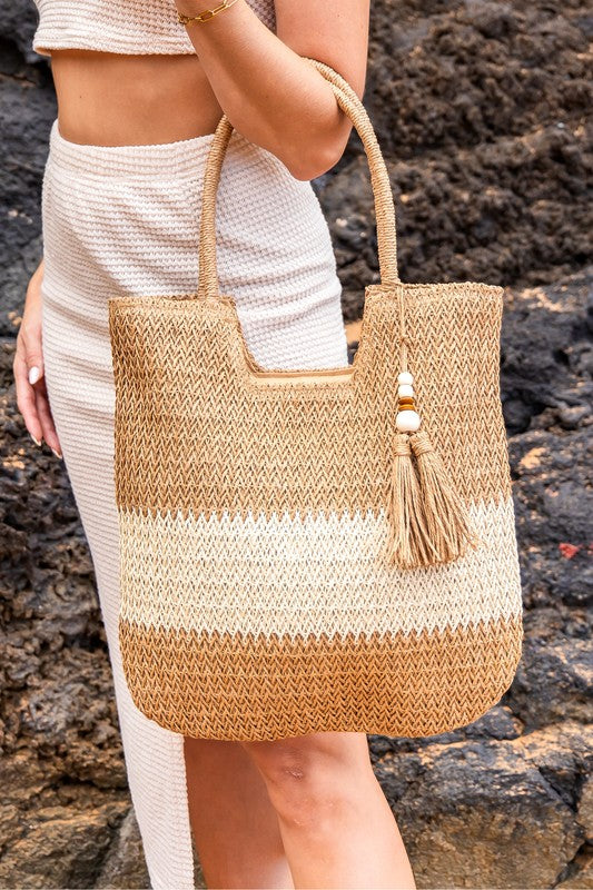 Two-Tone Straw Tote Bag - RARA Boutique 