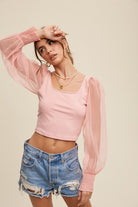 Square Neck Mesh Puff Sleeve Knit Top - RARA Boutique 