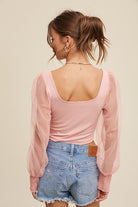 Square Neck Mesh Puff Sleeve Knit Top - RARA Boutique 