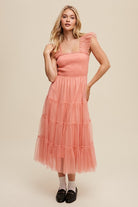 Smocked Ruffle Tiered Mesh Midi Dress - RARA Boutique 