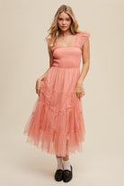 Smocked Ruffle Tiered Mesh Midi Dress - RARA Boutique 