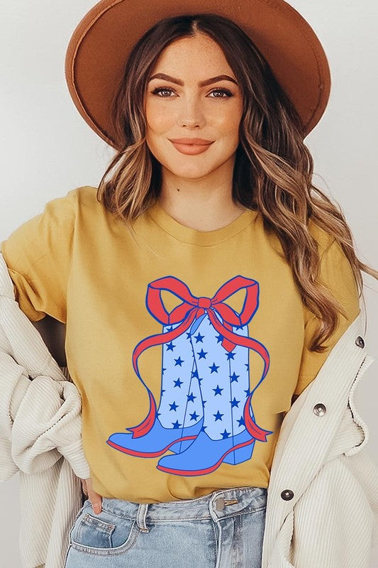 Coquette Cowgirl Boots 4th Of July Graphic T Shirt - RARA Boutique 