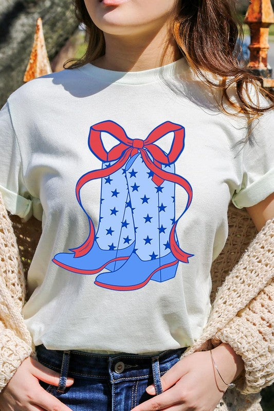 Coquette Cowgirl Boots 4th Of July Graphic T Shirt - RARA Boutique 