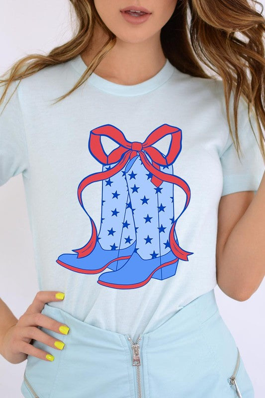 Coquette Cowgirl Boots 4th Of July Graphic T Shirt - RARA Boutique 