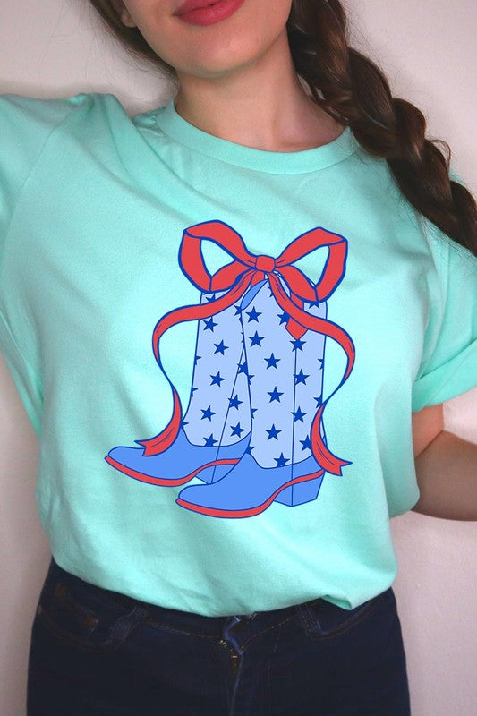 Coquette Cowgirl Boots 4th Of July Graphic T Shirt - RARA Boutique 