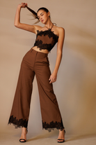 Lace Trim Hem Wide-Leg Trouser Pants - RARA Boutique 