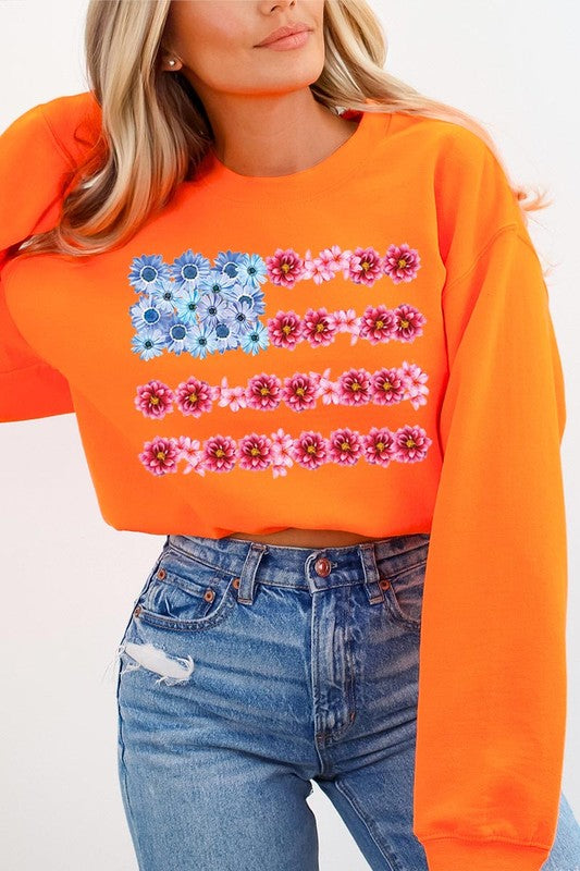 Flower USA Flag Graphic Fleece Sweatshirt - RARA Boutique 